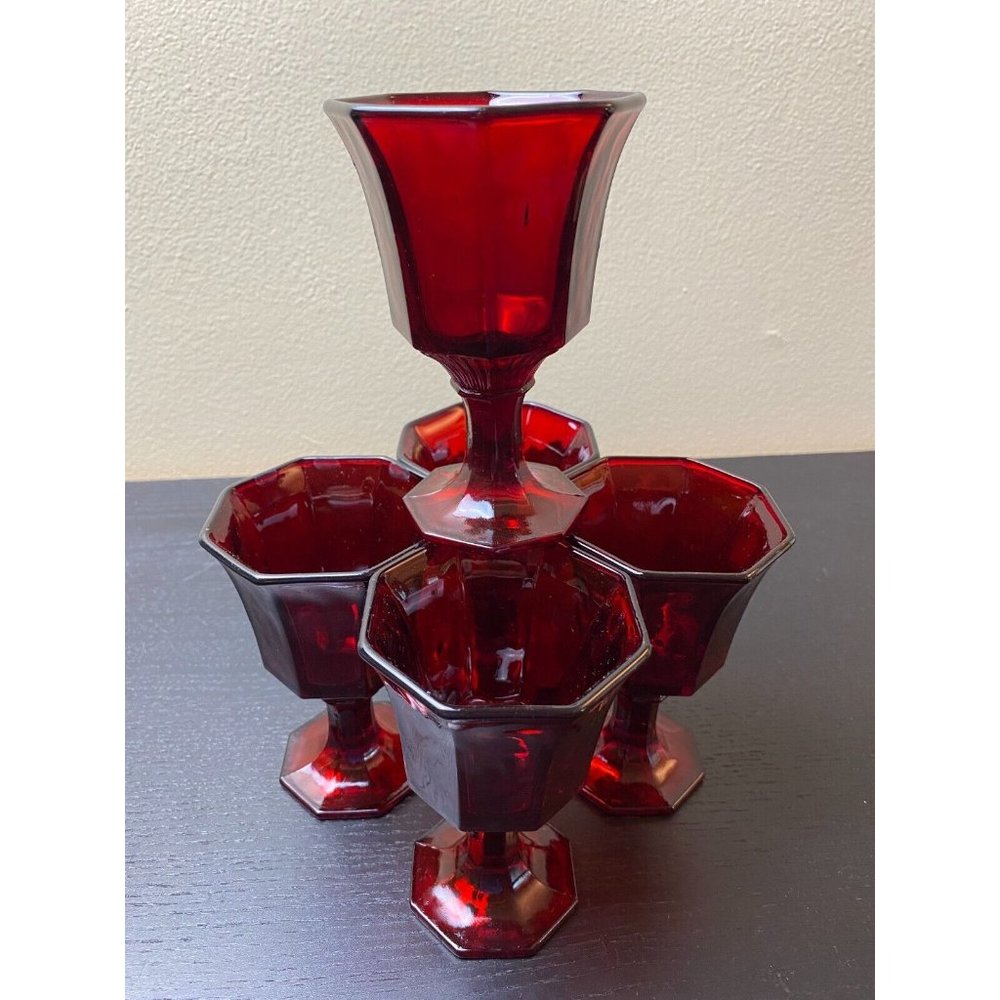 Independence Glass Ruby Red Octagonal Cordial/Juice Goblets Glasses - Set of 5